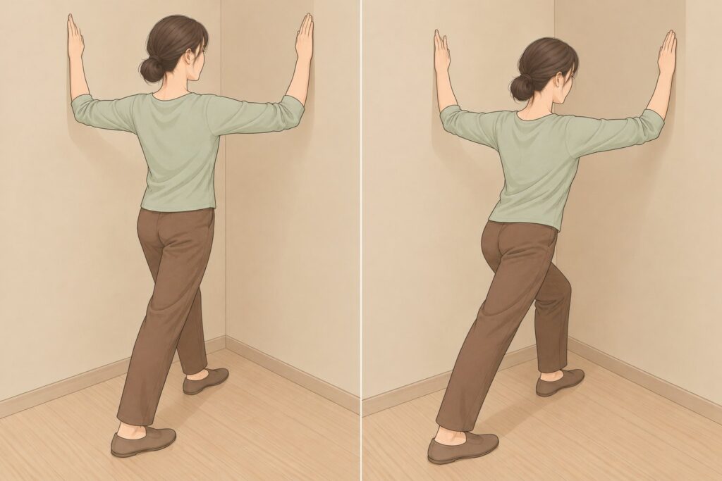 壁の角で両ひじを肩の高さに曲げて前腕を壁に添え、前の膝を曲げて胸の前を伸ばすストレッチ
