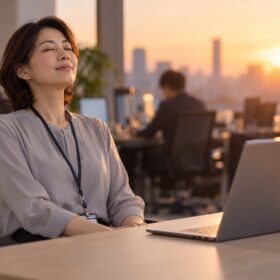 デスクワークの合間に、目を閉じてひと息つく女性