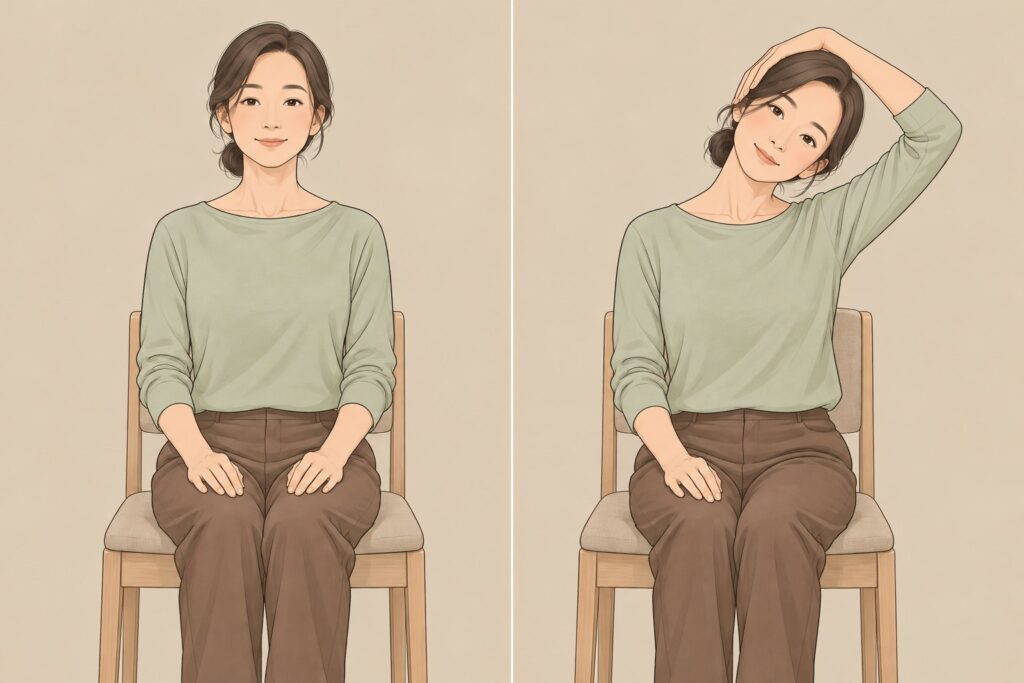 椅子に座り、頭を左へ傾けて右の首すじを伸ばすストレッチ。左手は頭の右側にそっと添える